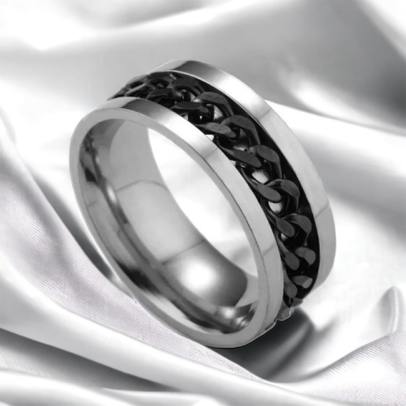 NEW Men’s Black Chain Spinner Ring Silver Stainless Steel Jewelry 8mm Wide - Picture 1 of 6